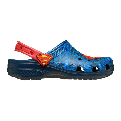 Unisex Crocs Superman Classic Clog sandals in blue with Superman logo, ideal for casual comfort and relaxation.
