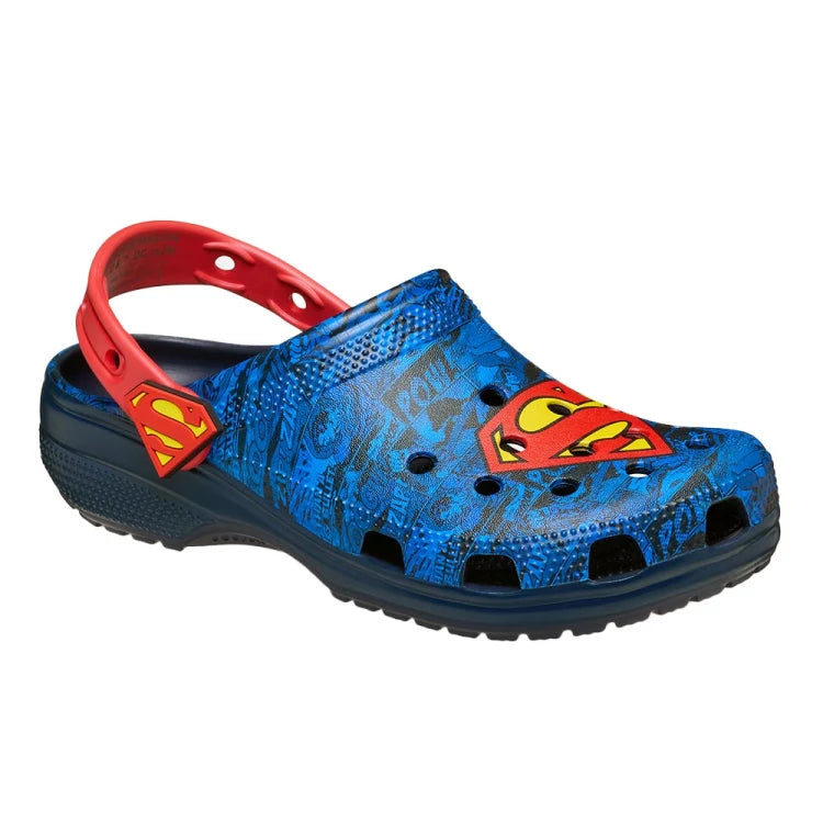 Unisex Crocs Superman Classic Clog featuring a vibrant superhero design for comfortable and casual wear.