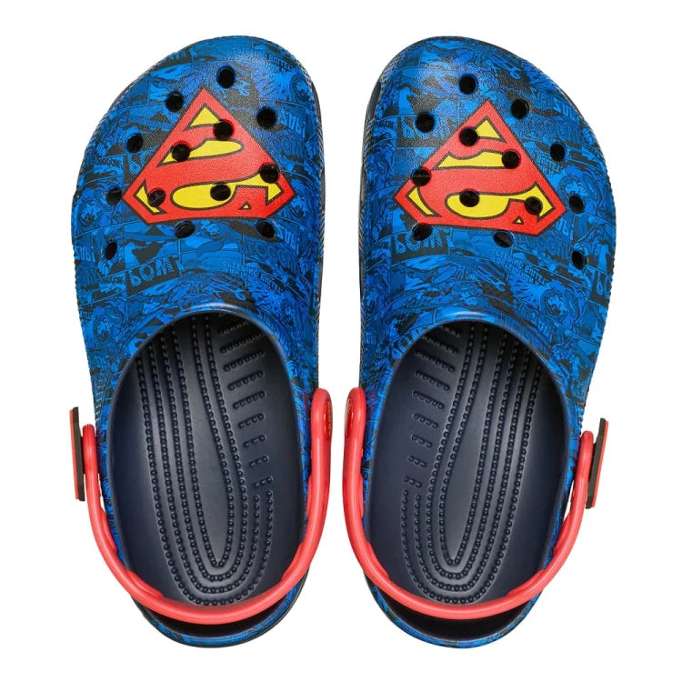 JMK OUTLET CROCS Superman Classic Clog in blue with iconic Superman logo, perfect for casual, comfortable wear.