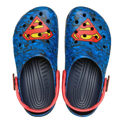 JMK OUTLET CROCS Superman Classic Clog in blue with iconic Superman logo, perfect for casual, comfortable wear.