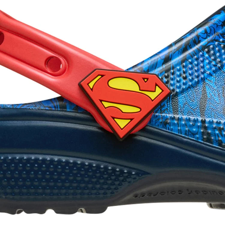 JMK OUTLET CROCS Superman Classic Clog in blue with Superman logo, perfect for casual comfort and relaxation.