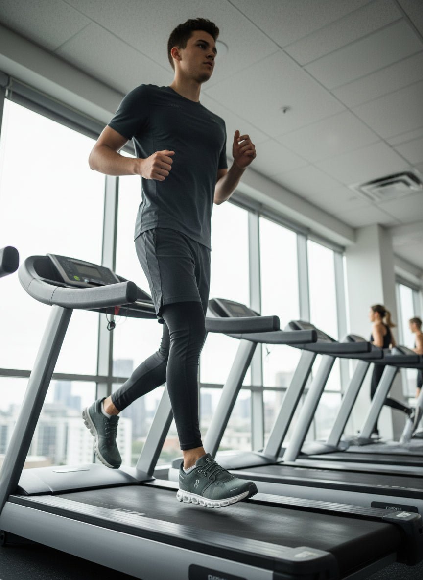 On Running Cloud 6 low-top sports sneakers in gray with cushioned sole and breathable mesh upper.