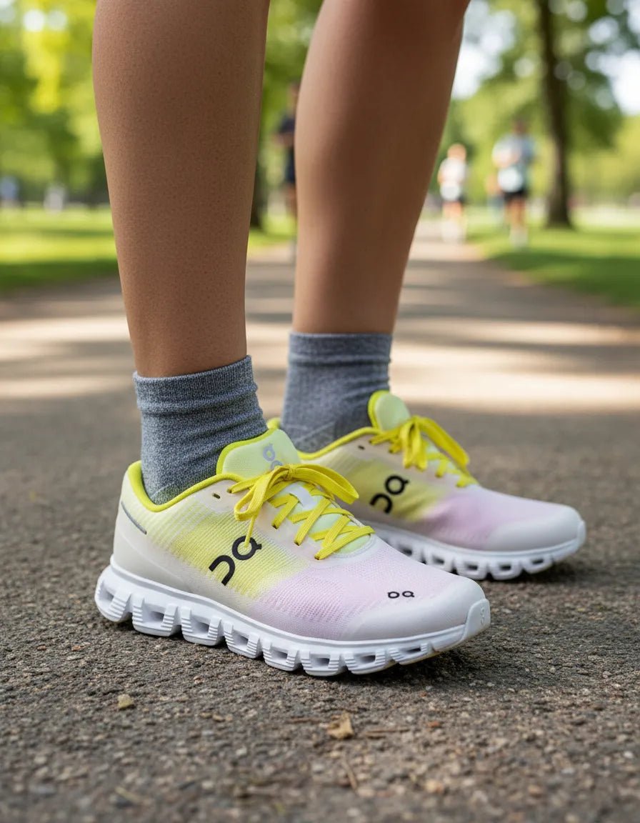 JMK OUTLET On Cloud 6 Push sneakers in pink and yellow, featuring a sporty design and lightweight construction.