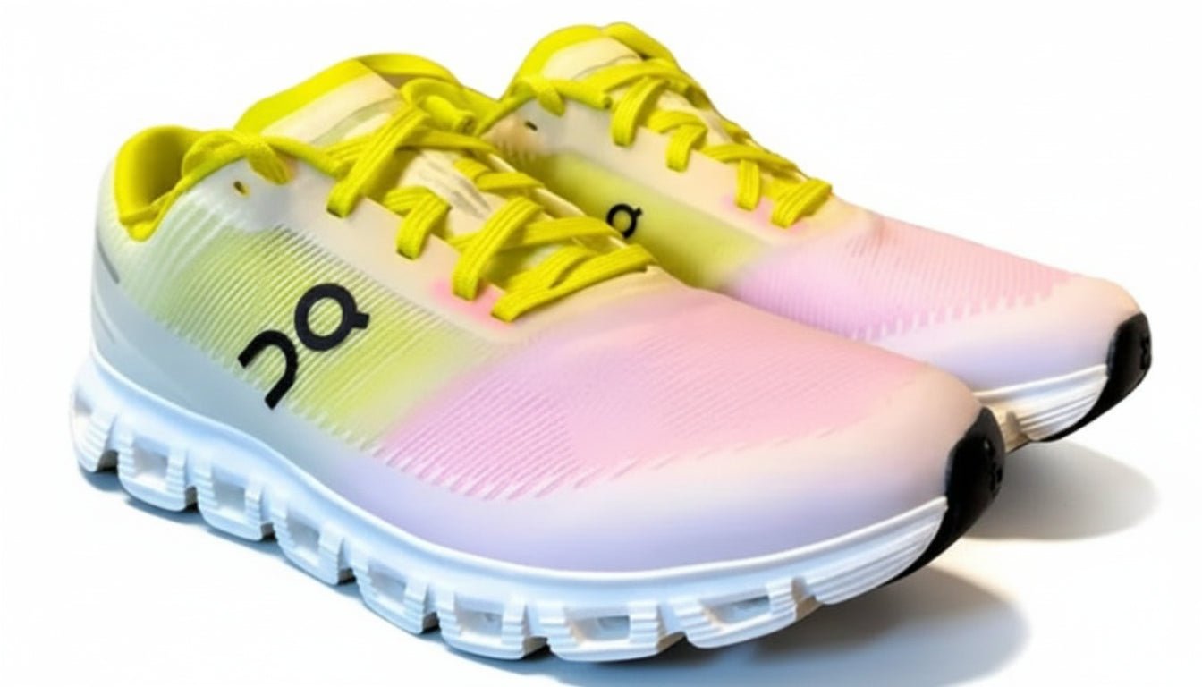 On Cloud 6 Push sports shoes in pink and yellow by JMK OUTLET, showcasing a modern design and vibrant colors.