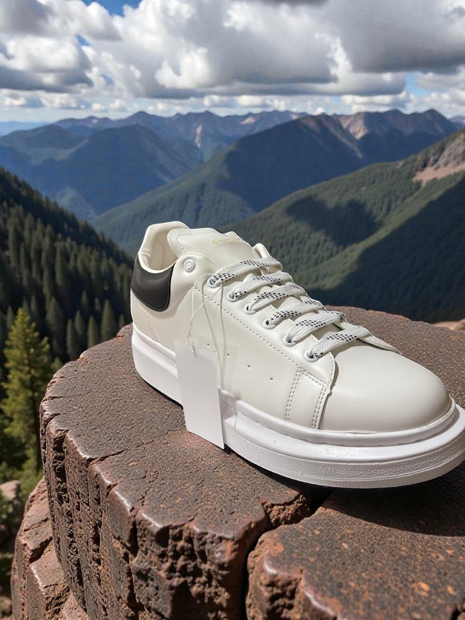 White and black Alexander McQueen-style casual sneakers with a sleek design and modern aesthetic.